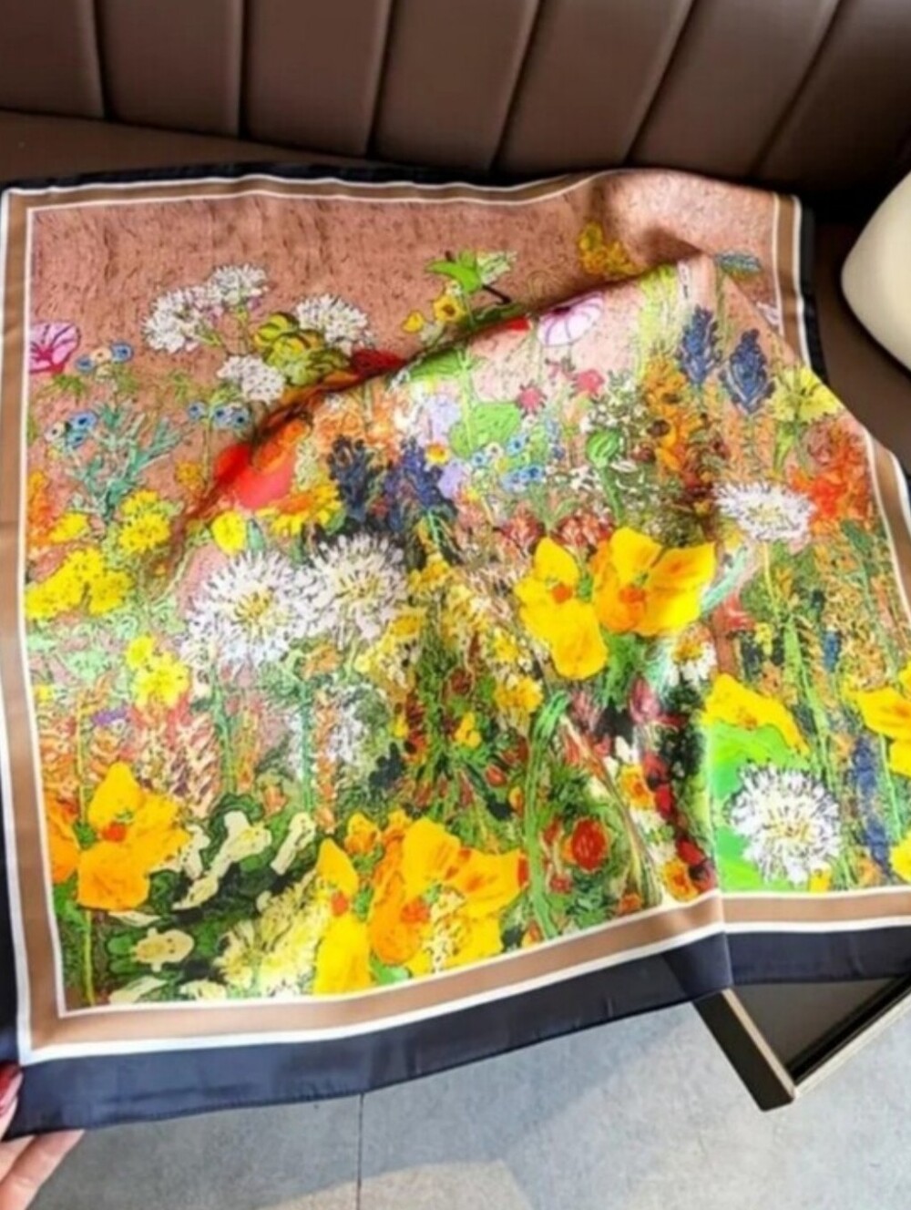 Silk-feel Floral Garden  Scarf in Yellow, Green & Navy